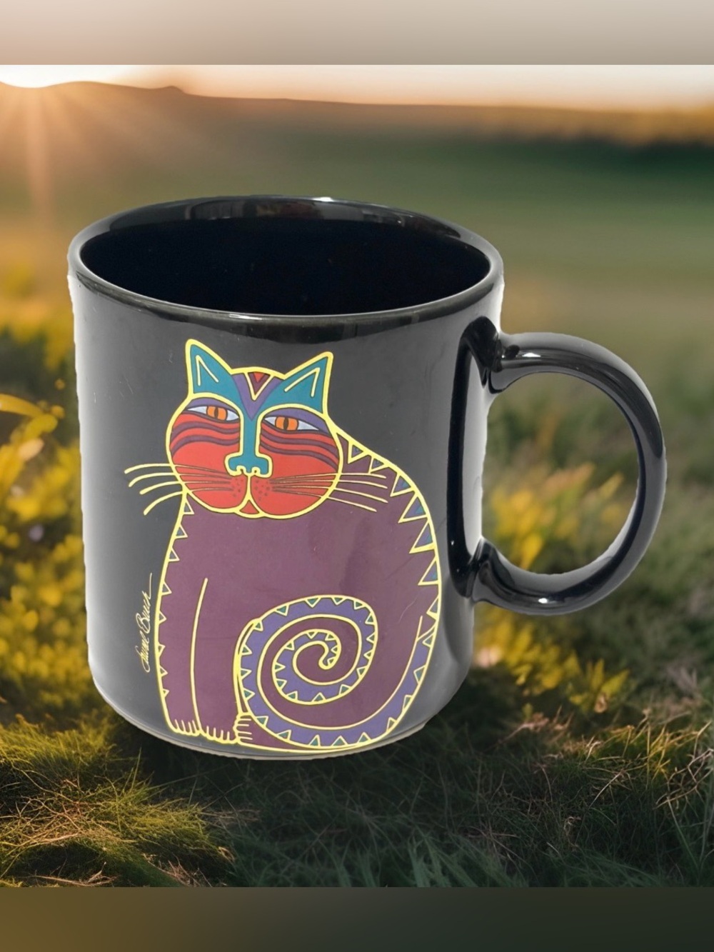 Laurel Burch Mythical Cat Black Ceramic Coffee Mug Gold Detail Made in Japan